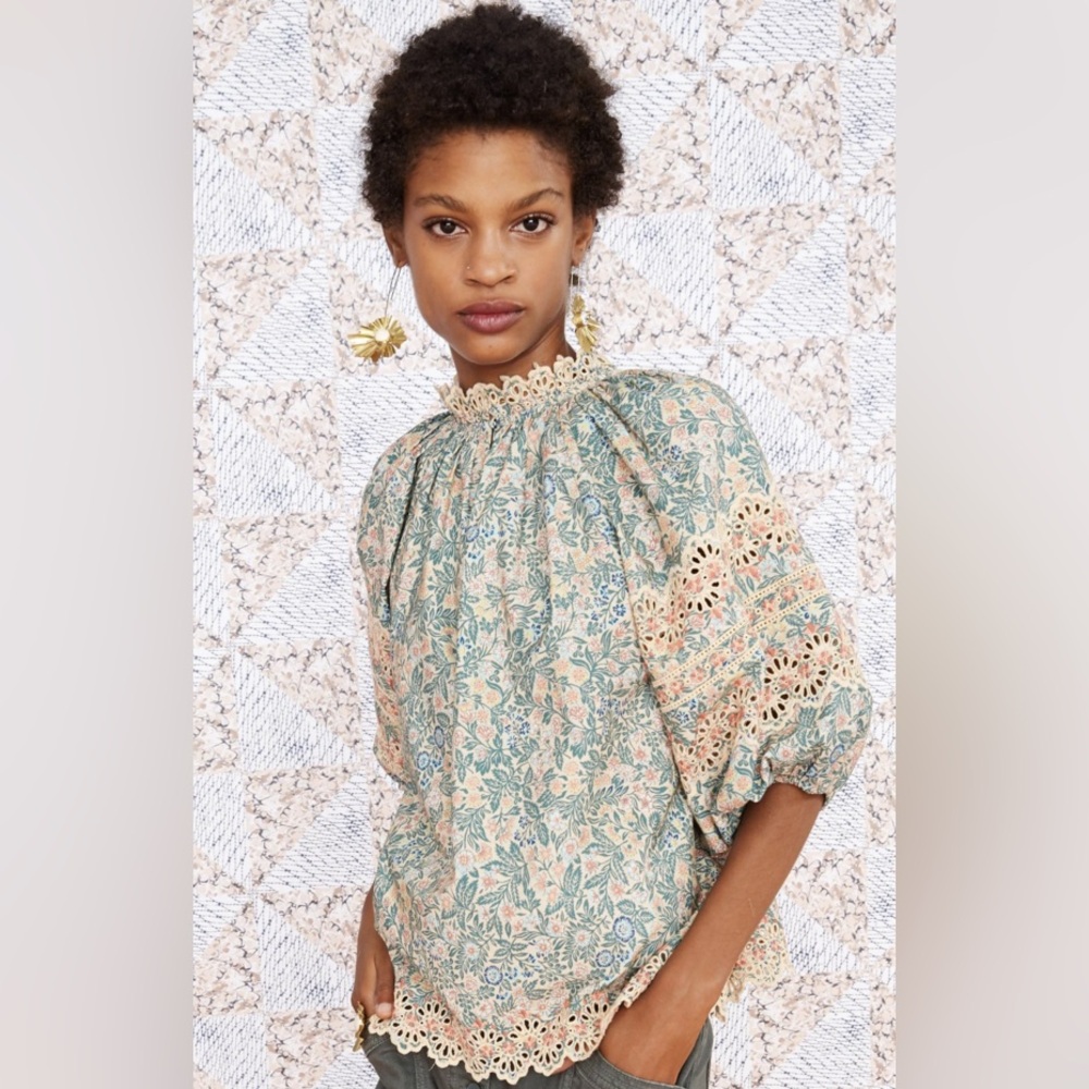 Ulla Johnson Lorna Floral Print Poplin Embroidered Blouse 00 - Picture 9 of 9